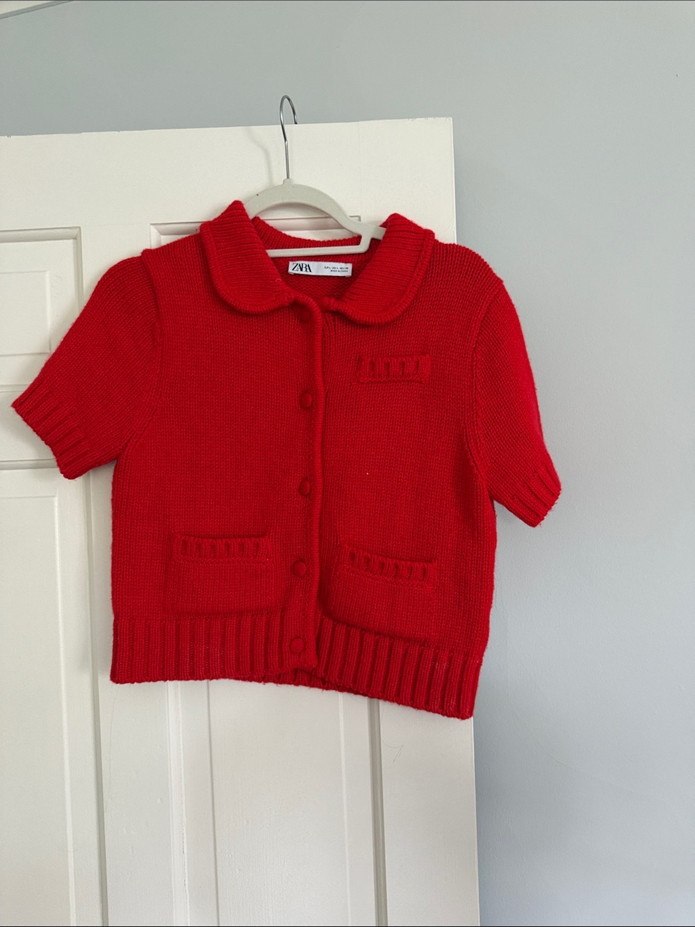Zara Bright Red Short-Sleeve Knit Cardigan with Peter Pan Collar
